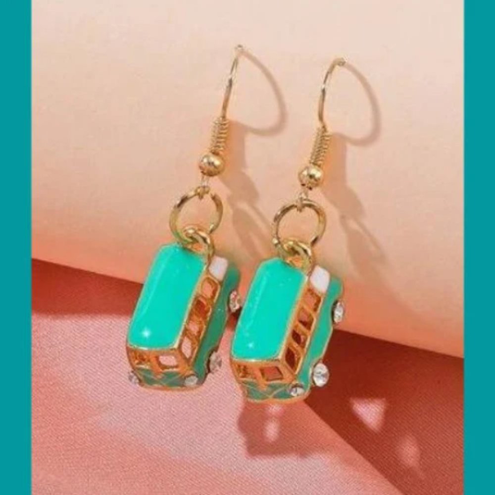 Camper van drop earrings gold tone and PINK / GREEN enamel and rhinestone